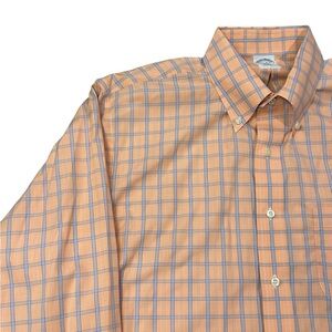 Brooks Brothers Slim Fit Non-Iron Cotton Orange and Blue‎ Plaid Shirt 17.5-6/7